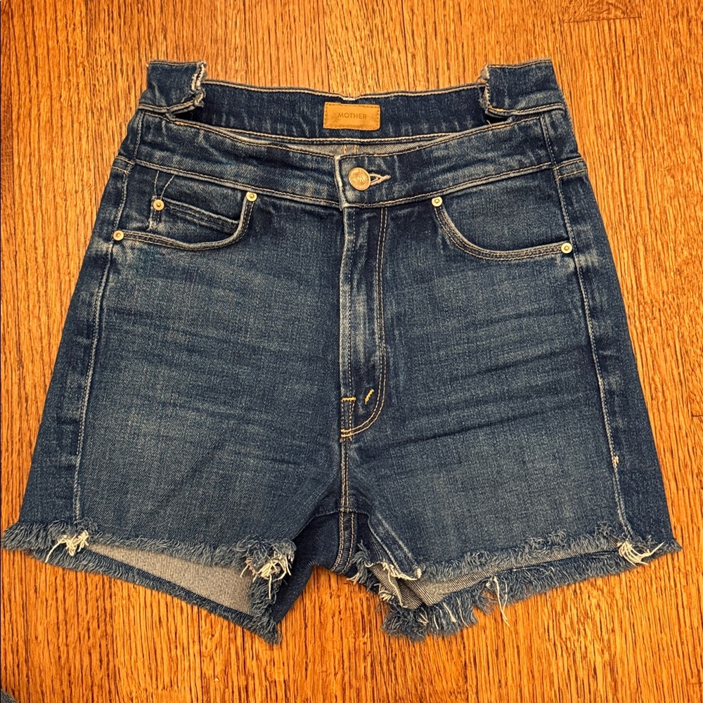 MOTHER Blue High-Rise Raw Hem Denim Shorts